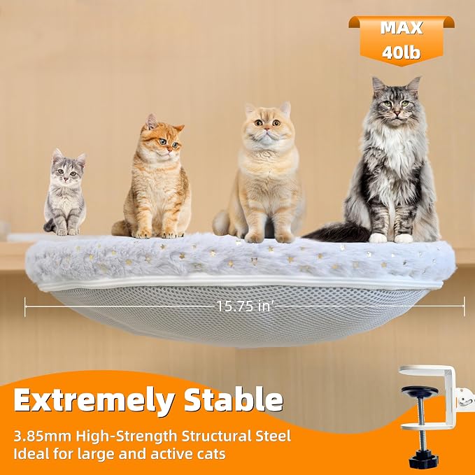 Cat Desk Bed, Cat Perch for Home Office, 360°Rotating & Adjustable Shelf, Removable Comfortable Soft Pet Nest Bed, Modern Unique Kitten Furniture Attachment for Game Tables (Grey)