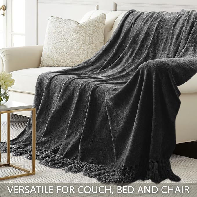 Chenille Throw Blanket for Couch 50" x 60", Dark Grey | Soft Cozy Warm Throws with Fringe Tassel, for Living Room Bed Sofa Chair Cover, Lightweight Knitted Decorative Boho Blankets