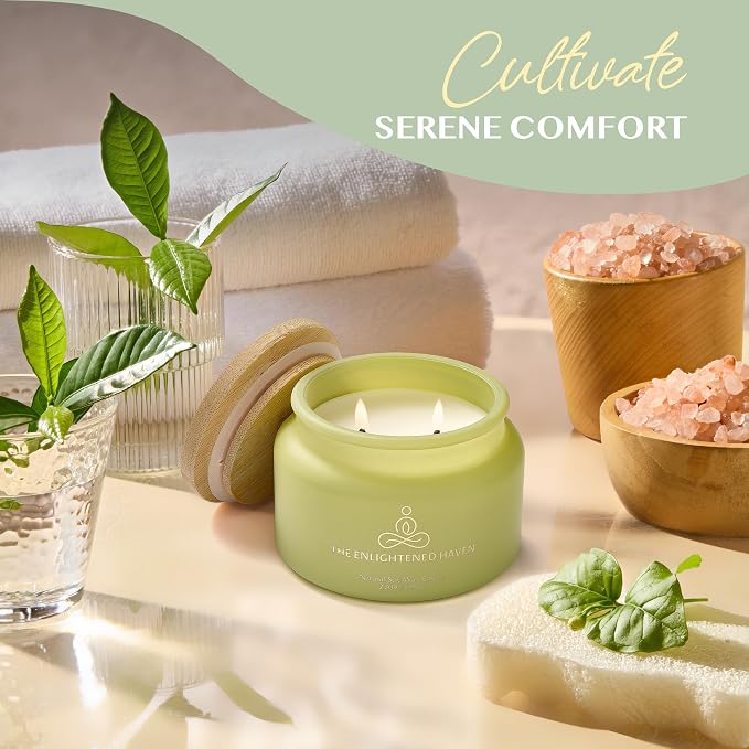 Eucalyptus, Lavender, and Chamomile Meditation and Yoga Candle for Calming, and Stress Relief - 50 Hour Clean Burning Soy Wax - 2-Wick Aromatherapy Relaxation Candle with Guided Materials - 9.5oz