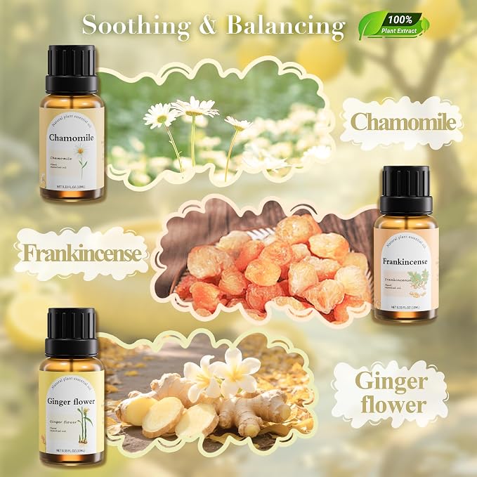 Essential Oils Set for Diffusers, 6-Pack, 10 mL Each, Aromatherapy Oils | Six scents for energy, focus and relaxation: Peppermint, Lemon, Sweet Orange, Chamomile, Magnolia & Ginger Flower