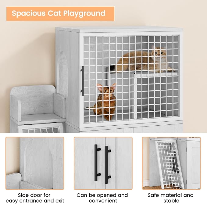 IDEALHOUSE Cat Litter Box Enclosure with Double Layer, White | Double Layer Cat Litter Box Furniture with Ladder, Creates a Private Cat Space While Keeping Living Rooms Clean and Organized