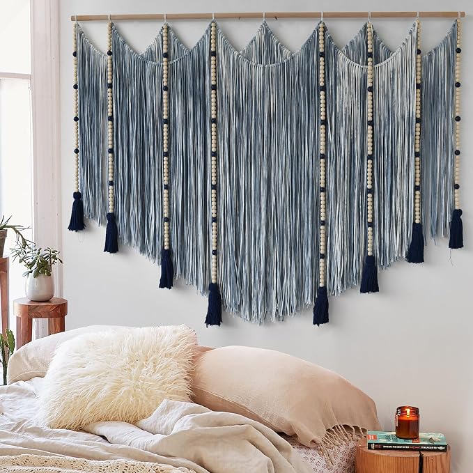 Jakalin Macrame Wall Hanging Blue Dip Dye Bead Boho Home Decor 57"x43" | Blue Dip-dye Cotton Cord, Handwoven Beadwork, Artisan Texture, Modern Boho Wall Decor, Home Accent Yarn Fiber Wall Art