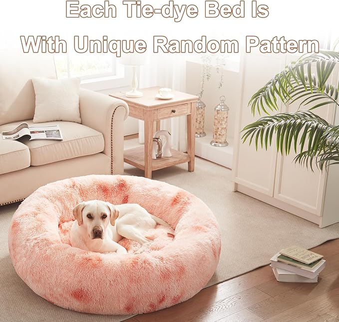 45 in Faux Fur Donut Dog Bed for Extra Large Dogs,Tie-dye Pink | Calming Plush Round Jumbo Fluffy Pet Bed with Removable & Washable Cover,Fits up to 120 lbs Pets