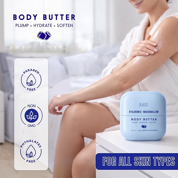 Hyaluronic Acid Body Butter With Marshmallow - Dermatologist Tested, Anti Aging, Korean Skin Care - Deep Hydration, Smoother, Plumper, Dewy Skin - Vegan, Clean Beauty - 7.05 Oz