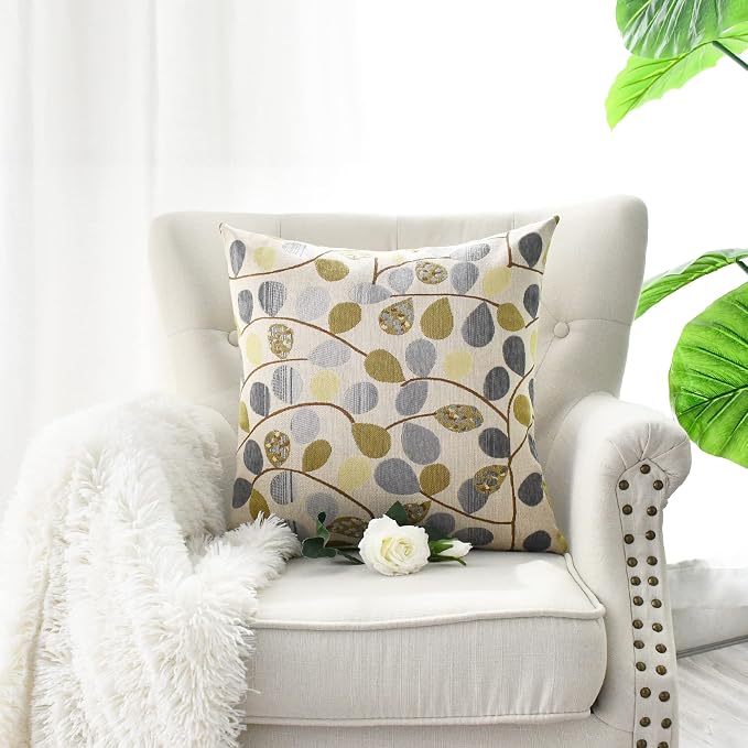CaliTime Decorative Throw Pillow Covers 18 X 18 Inches Ecru Grey | Luxury Chenille Cute Leaves Cushion Case Shell for Couch Sofa Bed Living Room Home