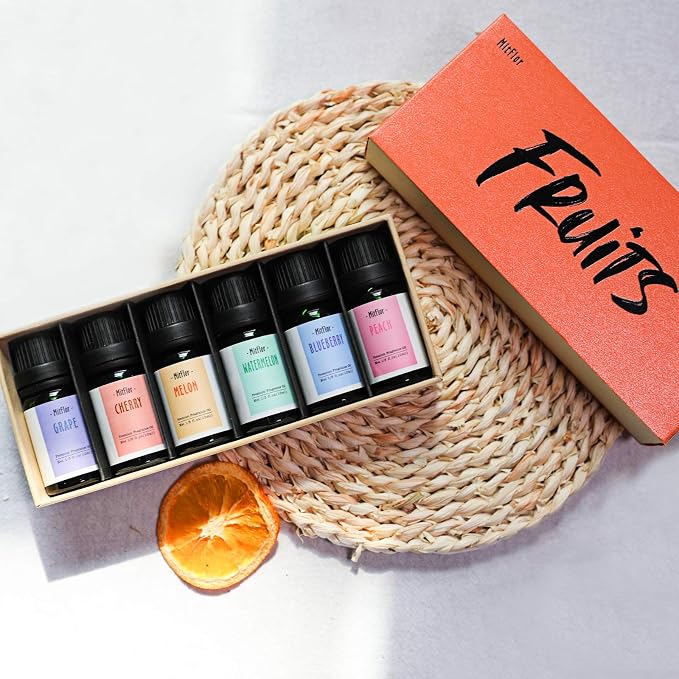Fragrance Oil, MitFlor Fruit Essential Oils for Diffusers for Home, 6x10ml, Soap & Candle Making Scents, Summer Diffuser Oils, Peach, Cherry, Watermelon, Blueberry, Grape, Melon