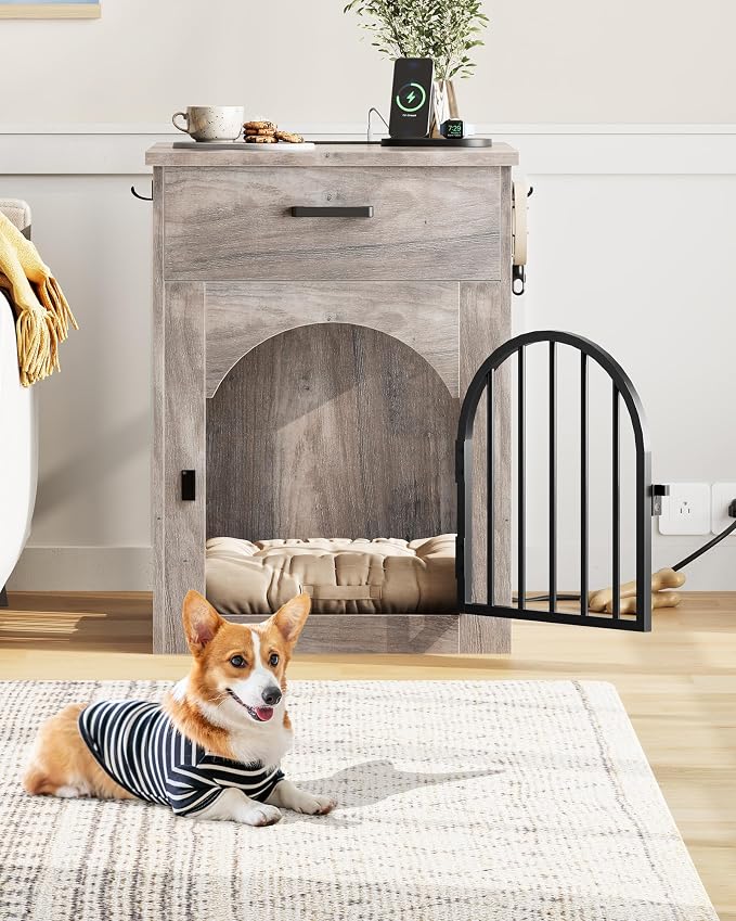 CHOEZON Dog Crate Furniture, Wooden Dog Kennel with Charging Station and Storage Drawer, Indoor Pet Crate End Table for Small Breeds, Dog Cage Furniture for Living Room, Bedroom, Greige MGW01UFH