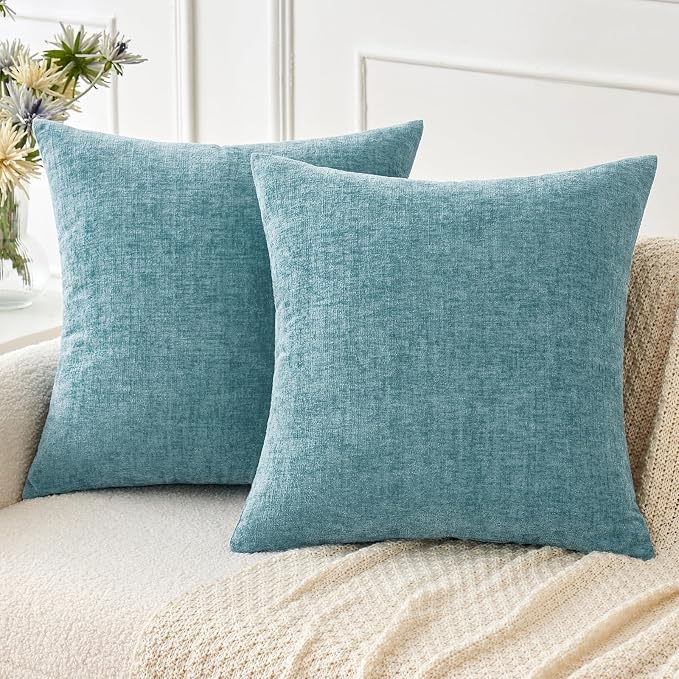 MIULEE Soft Chenille Throw Pillow Covers Smoke Blue 18x18 Inch Pack of 2 | Modern Coastal Home Decor, Classic Decorative Pillows, Solid Dyed Cases, Boho Couch Cushion Covers for Sofa Bed Living Room