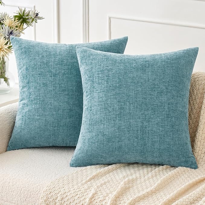 MIULEE Soft Chenille Throw Pillow Covers Smoke Blue 16x16 Inch Pack of 2 | Modern Coastal Home Decor, Classic Decorative Pillows, Solid Dyed Cases, Boho Couch Cushion Covers for Sofa Bed Living Room