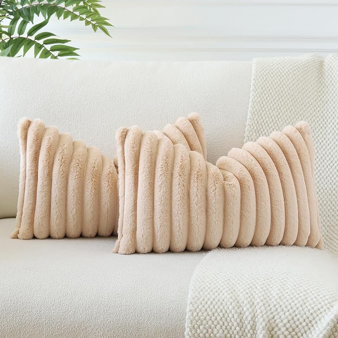 Soleebee Set of 2 Throw Pillow Covers Soft Cozy Velvet Pillowcase Faux Rabbit Fur Cover for Couch Sofa Bed Chair Home Decorative Pillows Cover (12x20 Inch, Camel)