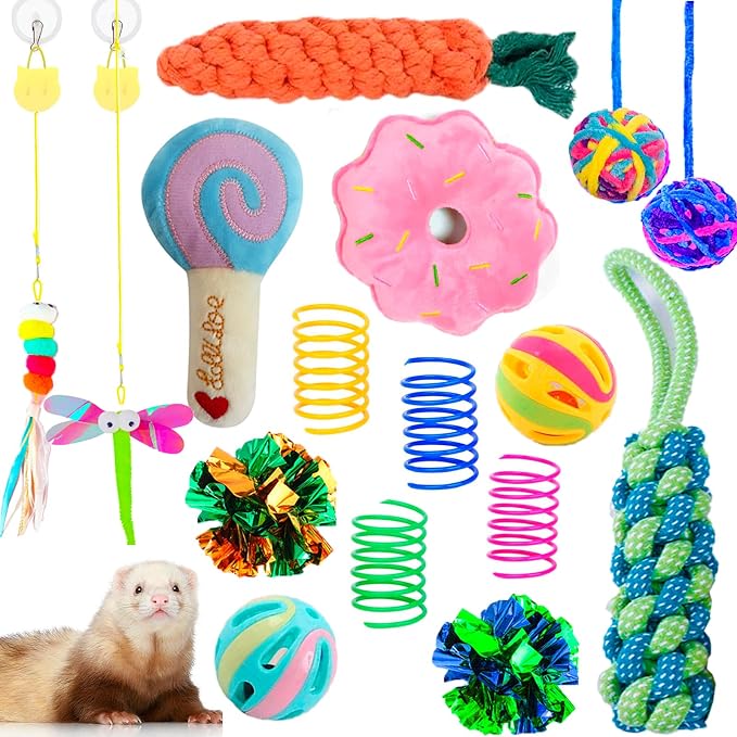 16 pcs Ferret Squeaky Enrichment Toys Set Rubber Balls Ferret Teeth Grinding Chewing Balls Teething Bouncy Bell Ball Interactive Sound Squeaker Toy Exercise Scratch Chew Toy for Ferrets Pet Cat Dog