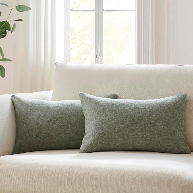 Meekio Set of 2 Dark Sage Throw Pillow Covers 12x20, Modern Farmhouse Linen Blend Decorative Pillow Covers for Couch Sofa Bed, Neutral Home Decor