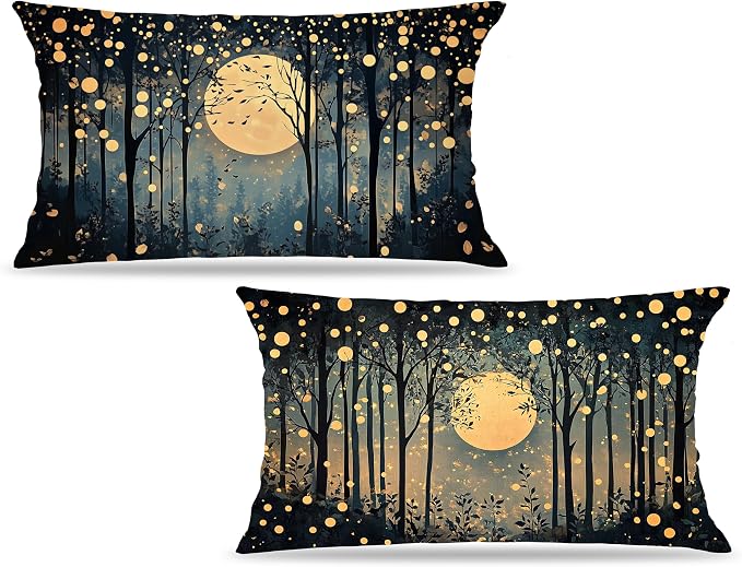 Vintage William Morris Inspired Gold Moon Pillow Covers 20x12 Set of 2,Rustic Black and Gold Forest Moon Botanical Nature Landscape Decorative Throw Pillow Covers for Home Bedroom Living Room