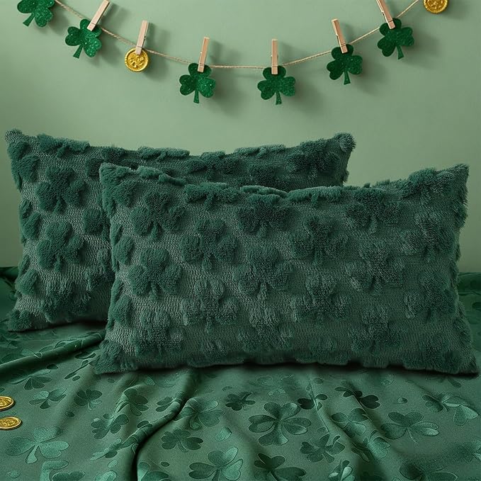 decorUhome Faux Fur Throw Shamrock Green Pillow Covers 12x20 Set of 2 | Plush Soft Wool St. Patrick’s Day Throw Pillow Covers, Accent Modern Farmhouse Pillow Covers Holiday Decor for Sofa Bed