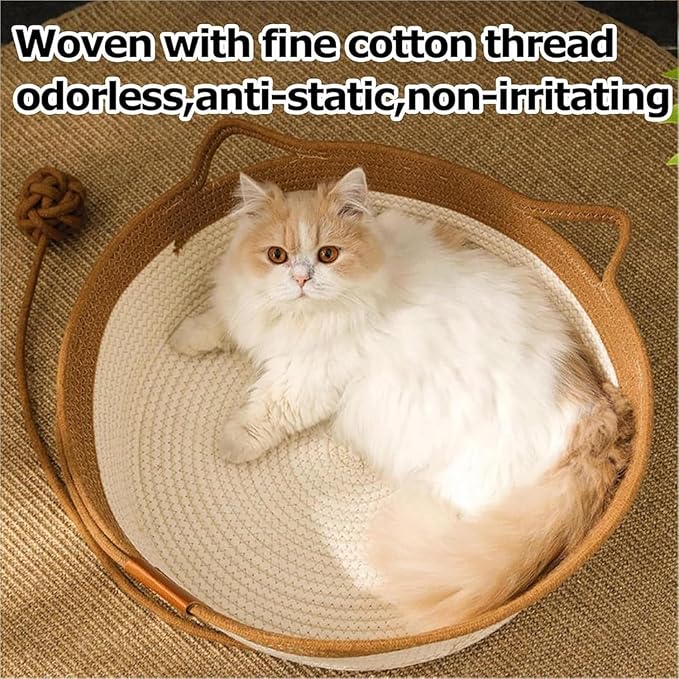 Instinct Basket, Stimuli Handwoven cat Basket Rope Cotton with Cushion, Eliminates Bed Rejection Round Pet Basket, Boho Catbed for Cats Handwoven Scratchable Breathable Weave (Small-B)