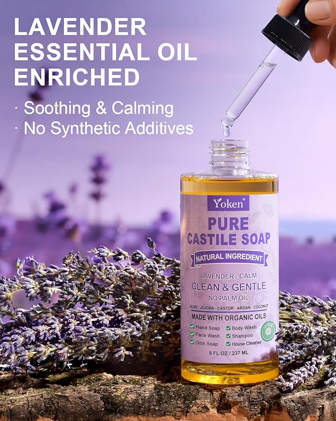 Yoken Pure Castile Soap Liquid Lavender 8 OZ, Made with Certified Organic Oils, Gentle Lavender Soap for Hands & Body Wash, Face, Dishes, Laundry & More - Vegan & Natural Ingredients Cleanser