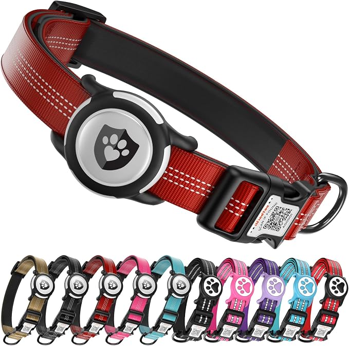Waterproof AirTag Dog Collar with QR Code Dog Tag, Burgundy XS | IP68 waterproof, QR code dog tag, Anti-Lost, Online profile, fits XS-L (8"-26"), Padded nylon, Reflective, No App, No Fees