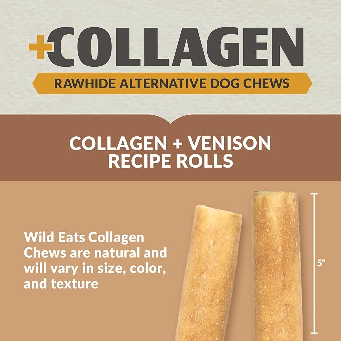 Wild Eats Venison Flavor Collagen Cheek Roll 5" Chew 4pk Pig Ear Substitute | Long lasting treats and bones for medium dogs, retriever style texture, 4 per bag, satisfies natural gnawing urges daily