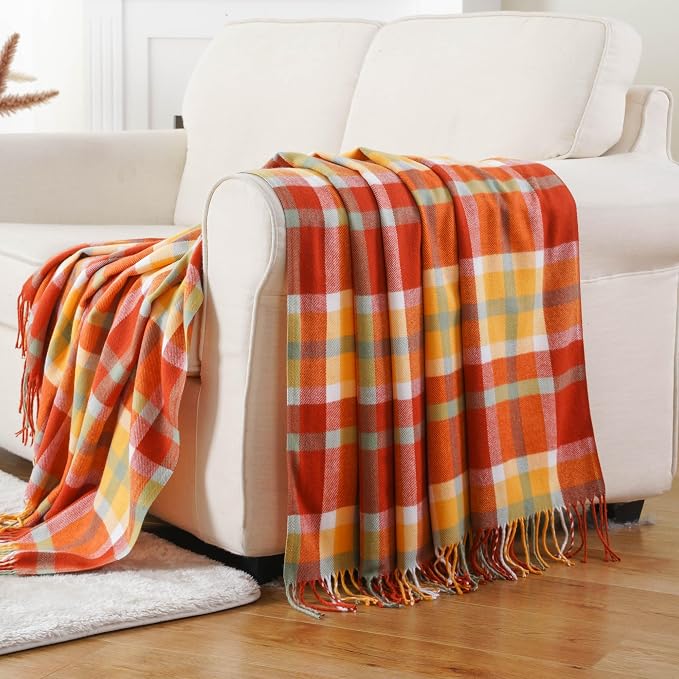 Fall Plaid Throw Blanket for Couch, Orange Plaid Blankt 50"x60", Fall Decor | Burnt Orange Throw Blanket, Soft Decorative Woven Blanket with Tassels, Rustic Farmhouse Style Blanket Throw for Bed Sofa
