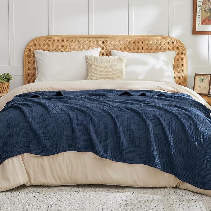 EMME Muslin Blankets for Adults Throw Blanket for Couch Breathable Gauze Soft Lightweight Airy Navy King 108" x 90"