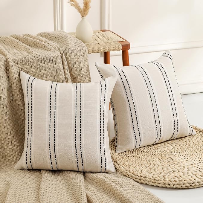 Hckot Throw Pillow Covers 20x20 Set of 2 Striped Pillow Covers Textured Linen Decorative Pillows Square Cushion Covers for Sofa Couch Bed Living Room Farmhouse Decor, Black