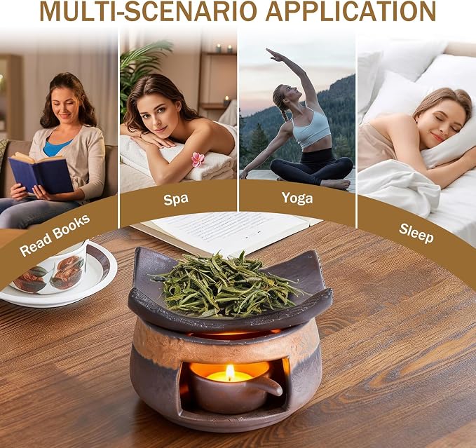 Handmade Ceramic Aromatherapy Diffuser,Herb Burner & Candle Wax Warmer with Tealight Holder, Home Fragrance Accessories for Relaxation & Meditation-A