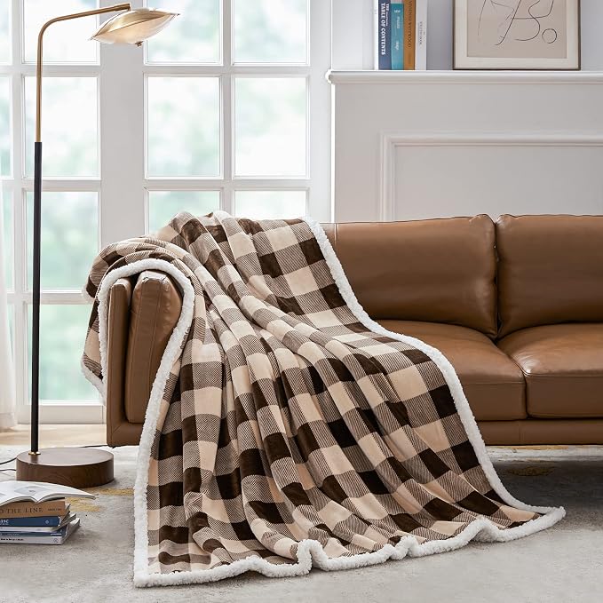 Sherpa Buffalo Plaid Christmas Twin Blanket 60" X 70", Fuzzy Fluffy Soft Cozy Throw Blanket, Fleece Flannel Plush Microfiber Blanket for Couch Bed Sofa(Brown)