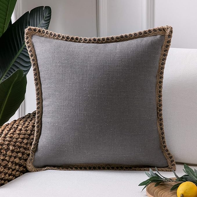 Phantoscope Farmhouse Solid Throw Decorative Pillow Cover Burlap Linen Trimmed Tailored Edges Outdoor Pillow Grey 20 x 20 inches, 50 x 50 cm, Pack of 1
