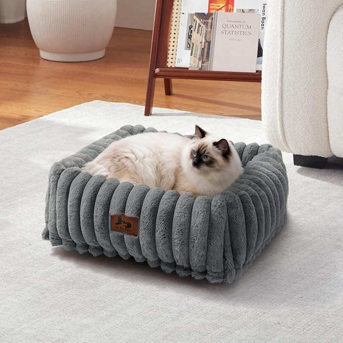 Cute Dog Bed for Small Dogs & Cats,Washable Fluffy Cat Beds for Indoor Cats, Rectangle Orthopedic Memory Foam Puppy Beds with Anti-Slip Bottom, 20 x19 x 7 Inches, Grey (20x19x6 inches)