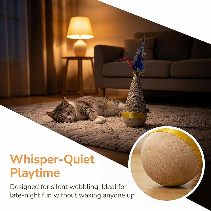 Wooden Wobble Cat Toy, 7in Self-Righting Tumbler for Indoor Cats, 2-Pack