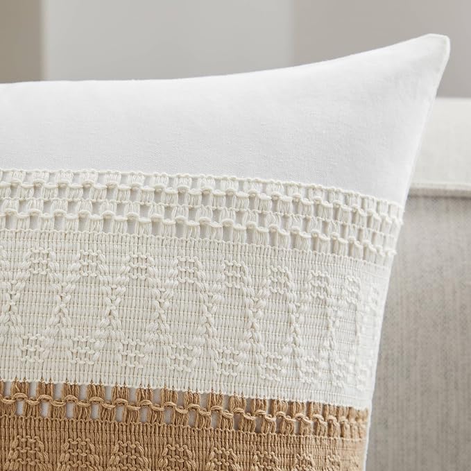 2pk Boho Pillow Covers 12x20, Natural White/Contrast/Brown | 100% Organic Cotton Body, Stripe Embroidery, Farmhouse Decorative Cushion Covers for Sofa Bed Living Room Home Decor