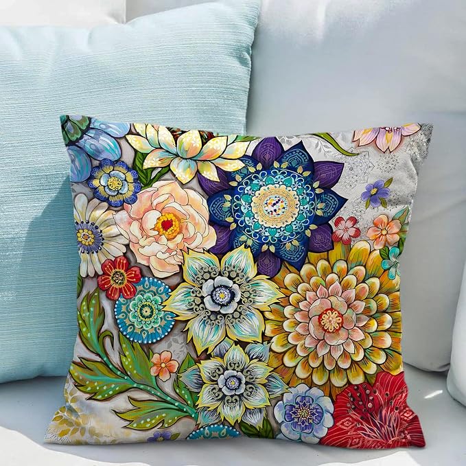 Snycler Boho Floral Throw Pillow Covers Set of 2 Colorful Boho Flower Decorative Cushions Pillowcase for Bedroom Sofa Home Decor, 16x16 Inch, Velvet, Short Plush