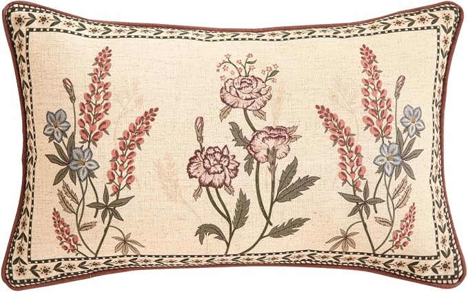Designer Vintage Linen Throw Pillow Cover,20"x12"-Helena C | Elegant French Rectangle Pillow Cover,Concealed Zipper Design,Floral Pattern,Sofas,Bedroom,Living Room,Lounge Chairs