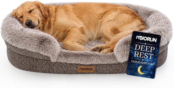 Fluffy Orthopedic Dog Beds Large Sized Dog, 43" Bolster Sofa Bed | Soft plush faux fur,lowered entry,washable cover,waterproof liner,claming dog couch for x-large dogs,supportive bolster