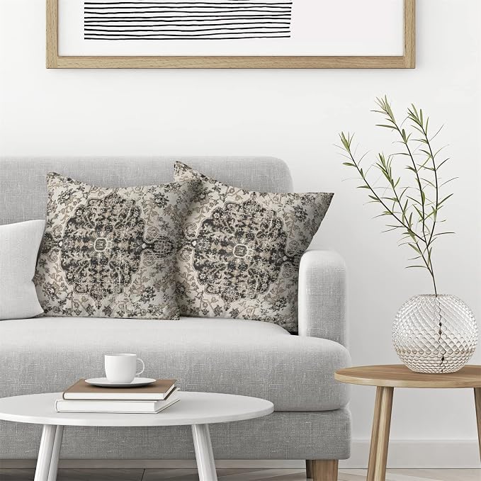 AEIOAE Boho Pillow Covers 16x16 Inch Set of 2,Carpet Pattern Throw Pillows Case,Black White Grey Ethnic Design Outdoor Decorative Square Linen Farmhouse Decor Cushion Covers for Home Sofa Bed Couch