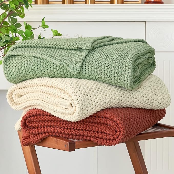 Chunky Cable Knit Throw Blanket Lightweight Rust 100% Organic Cotton Blanket for Sofa Couch Bed Baby Nursery, Rustic Shabby Chic Modern Farmhouse, 51” x 63” Give Laundering Bag