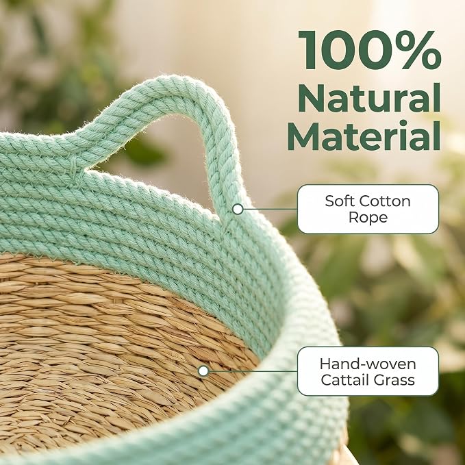 VIVIKIT Natural Cattail Cat Bed for Indoor Cats, 18.1" x 4.7" (Green) | Natural cattail, cotton trim, all season, scratch-proof, teaser ball, removable washable pad, for cats & dogs up to 22 lbs