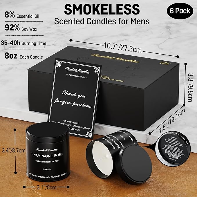 Scented Candles Gift Set for Men - 6 Pack Soy Wax Masculine Candles, Long Lasting Smokey & Wood Scents: Whiskey Tobacco, Teakwood, Vintage Oak - Ideal Birthday & Gifts for Men, Dad, Husband