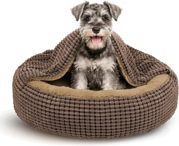 Small Dog Bed with Attached Blanket, Cozy Donut Cuddler Anti-Anxiety Hooded Pet Beds Calming Cave Bed, Orthopedic Round Puppy Beds for Dogs or Cats Washable, Anti-Slip Bottom, 23inch