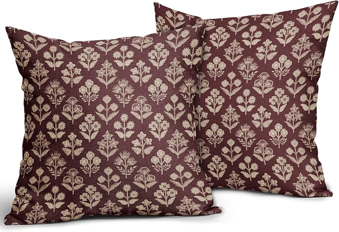 Burgundy Red Floral Pillow Covers 24x24 Inch Set of 2, Vintage Flower Block Print Decorative Throw Pillowcases Outdoor Farmhouse Cushion Covers Spring Summer Rustic Decoration Sofa Couch Bed Decor