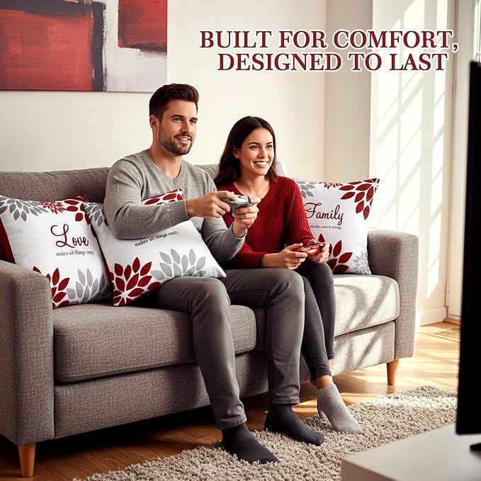 Tatuo 4 Pcs Flower Pillow Covers Square Summer Pillow Cushion Cases 18 x 18 Inch Family Faith Hope Love Words Decorative Spring Winter Cushion Case for Bed Couch Sofa Living Room(Red Series)