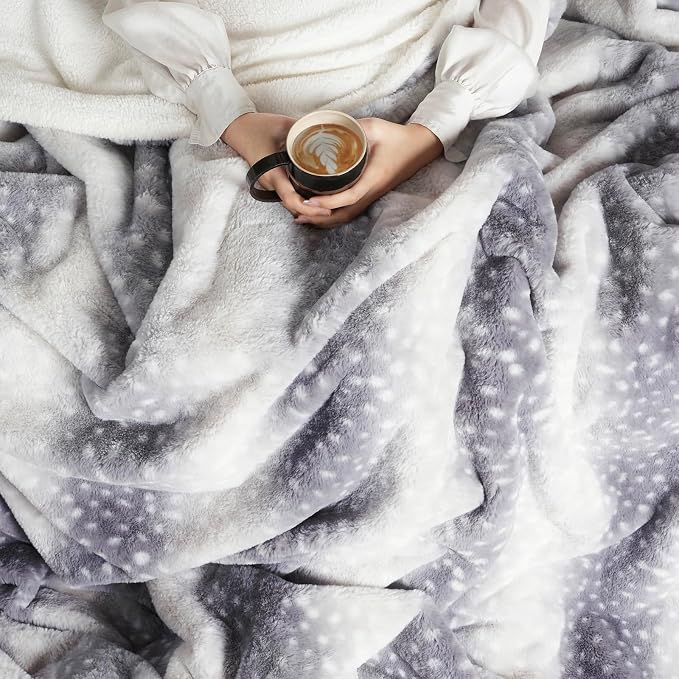 Cozy Bliss Luxury Faux Fur Throw Blanket Deer Print, Non Shedding Reversible Sherpa Blankets Super Soft Fuzzy Thick Warm Throws Home Decor for Christmas Couch Bed Sofa Women (Grey, 60x80 Inches)