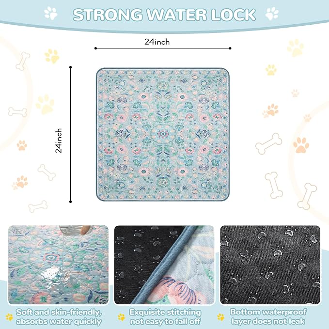 Lahome Washable Reusable Pee Pads for Dogs, 2 Pack, Blue, 24x24 | Super absorbent, waterproof training mats with leakproof non-slip backing; suitable for potty training, crates and floors.