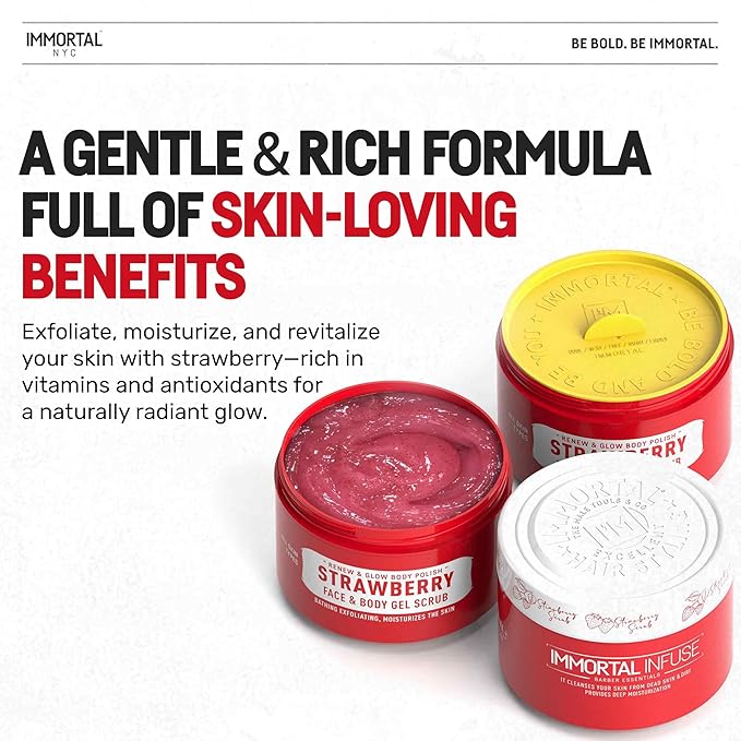Immortal NYC - Strawberry Crush Face & Body Scrub Mask Gel- Moisturizing and Exfoliating Body, Face, Hand, Foot Scrub - Fights Acne, Fine Lines & Wrinkles, Great Gifts For Women & Men - 10 oz
