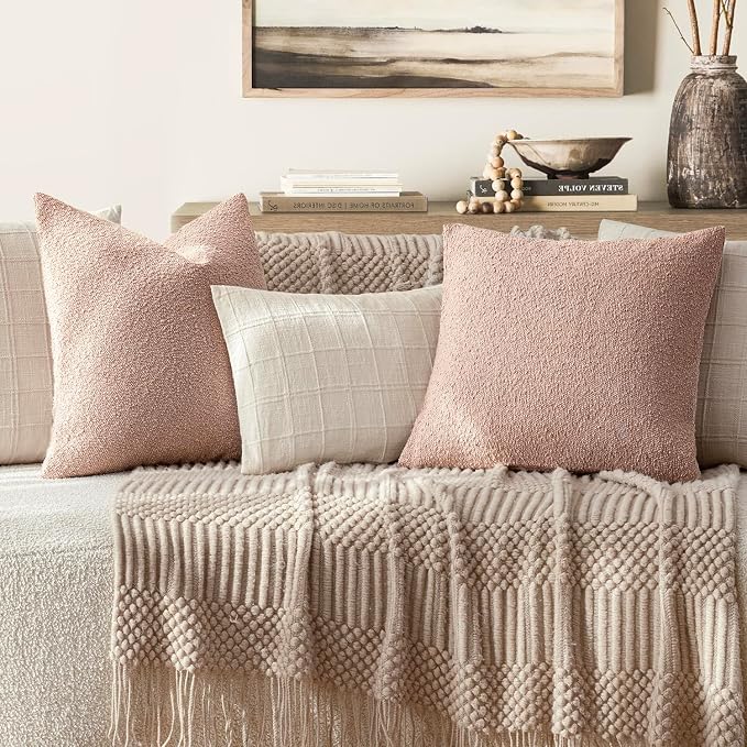 Foindtower Set of 2, Decorative Textured Boucle Throw Pillow Covers Accent Solid Pillow Cases Neutral Soft Couch Cushion Case for Chair Sofa Bedroom Living Room Home Decor 24 x 24 Inch Light Pink