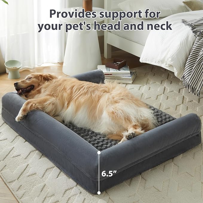 BFPETHOME Orthopedic Washable Large Dog Bed for Senior Dog Comfy Sleep | Waterproof Big Soft Pet Couch Bed for Dogs Relax with Removable Cover Supportive Egg Crate Foam Dark Grey 28x23 Inch