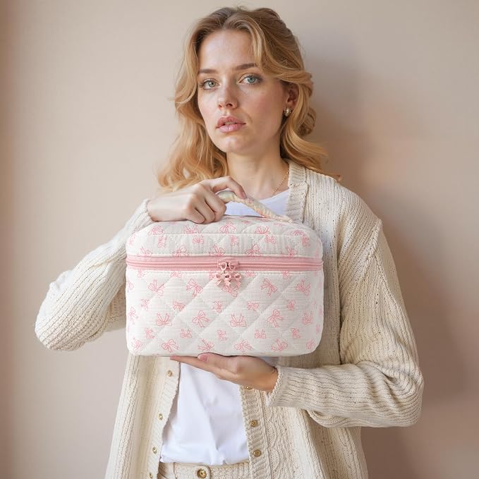 HBselect Quilted Makeup Bag, 3PCS Cotton Large Travel Makeup Bag, Cute Floral Coquette Make up Bag Cosmetic Bag Toiletry Bag for Women Girls