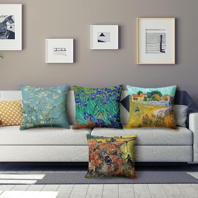 Van Gogh Painting Throw Pillow Covers 18x18 inch Set of 4 Irises Almond Blossom Impressionist Art Pillow Cases Modern Decorative Cushion Covers for Sofa Couch Living Room