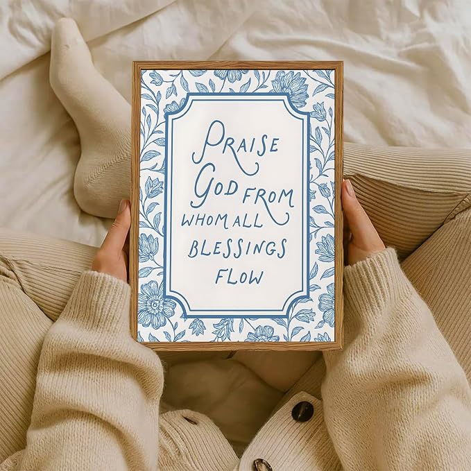 Framed Christian Wall Art, Bible Verse Praise God From Whom All Blessings Flow Pictures Wall Decor, Blue Floral Scripture Paintings Canvas Prints Religious Home Decor for Prayer Living Room 16x24 inch