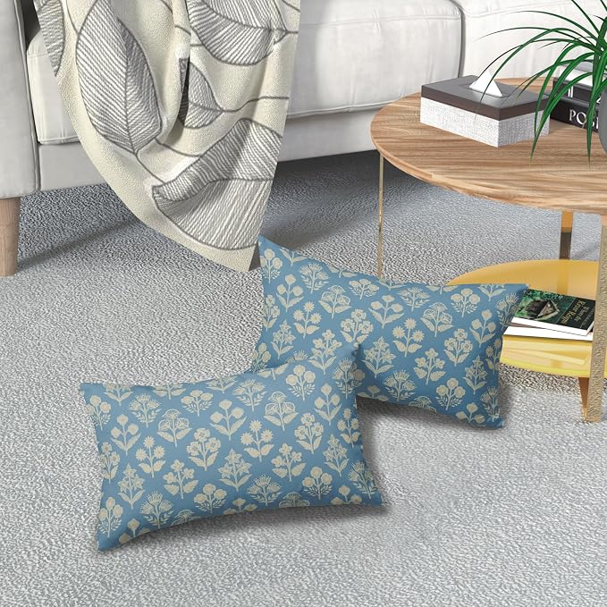 Light Blue Pillow Covers 12x20 Inch Set of 2, Cream Floral Block Print Pattern Lumbar Decorative Throw Pillowcases Outdoor Farmhouse Rectangle Cushion Covers Spring Summer Sofa Couch Bed Decor